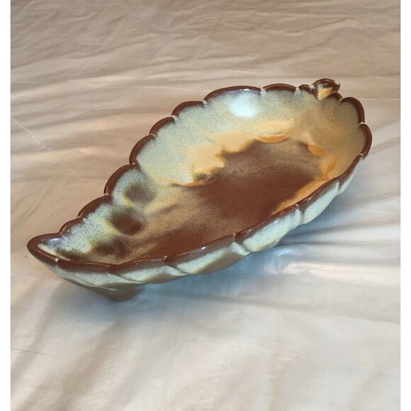 Vintage Frankoma Pottery Leaf Dish #225 Desert Gold 9” Long 4.5” Wide Footed - Picture 2 of 12